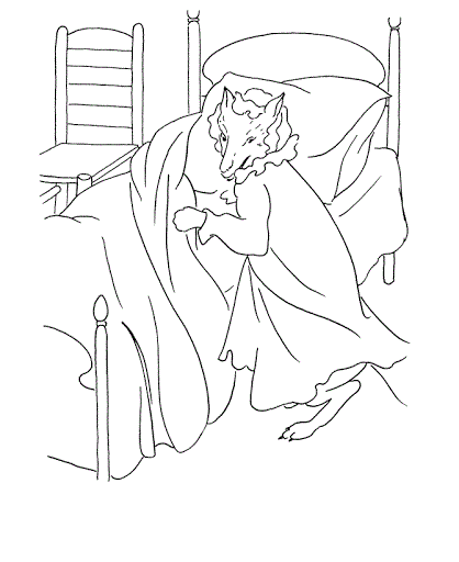 Coloring page wolf enters bed